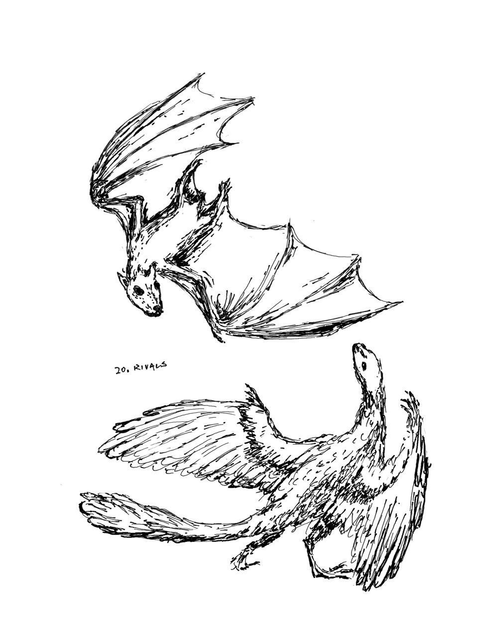 A small winged dinosaur with outstreched wings looks up to a swooping megabat of the same size